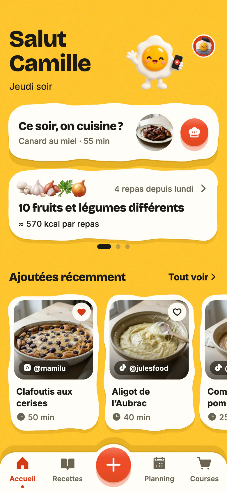 L’accueil de Yumclip, un jeudi soir : « Ce soir, on cuisine ? » propose le canard au miel, la semaine compte 10 fruits et légumes différents, et les recettes ajoutées récemment suivent.