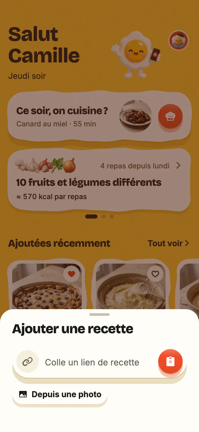 « Ajouter une recette », ouvert par le + de Yumclip : le champ « Colle un lien de recette » et son bouton coller, puis « Depuis une photo ».
