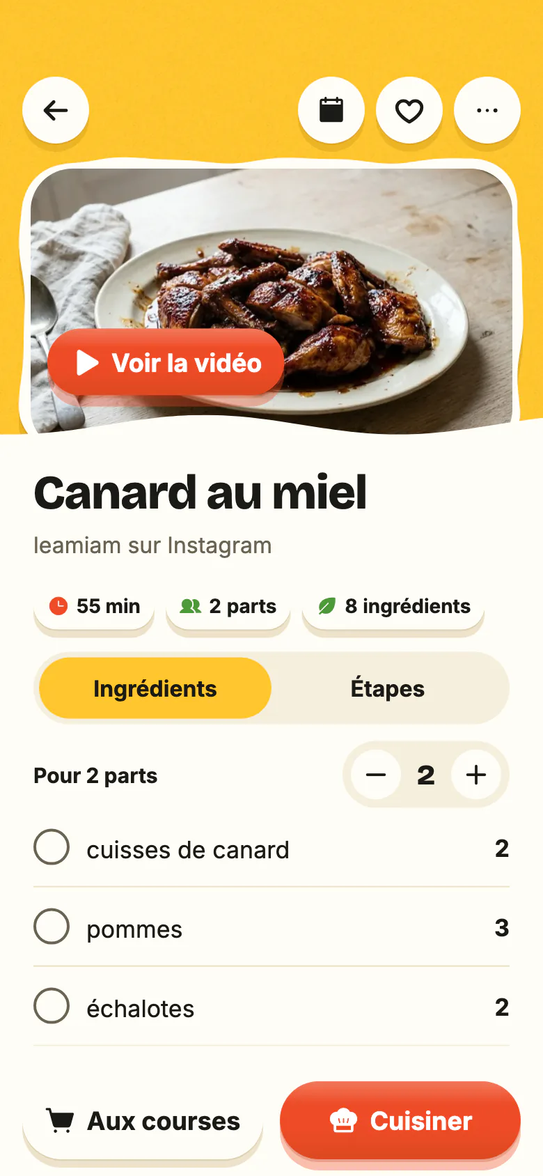 La fiche du canard au miel dans Yumclip : la photo du plat et « Voir la vidéo », la durée, les parts, et les ingrédients avec leurs quantités.